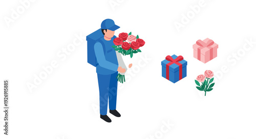isometric delivery man holding bouquet of roses with gift boxes and flower elements in flat style