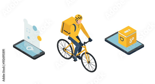 isometric delivery service courier riding bicycle with yellow backpack and mobile phone with search and package icons