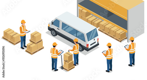 isometric delivery workers unloading van with boxes and checking inventory in warehouse logistics