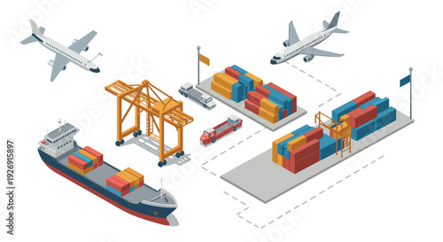 isometric cargo shipping port with container ship airplanes cranes trucks and stacked containers illustration