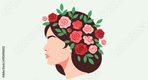 Woman with flowers in her hair, floral head illustration.