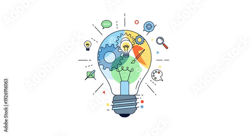 Creative Light Bulb Idea Concept with Gears and Symbols.
