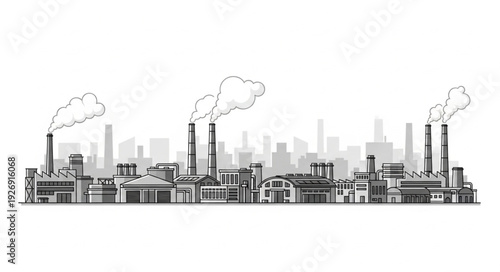 Industrial cityscape illustration depicting factories with smoke stacks and pollution.