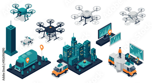 isometric smart city drone delivery and monitoring service set with quadcopters surveillance van and cityscape in modern flat style