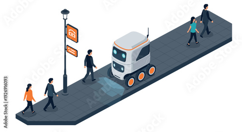 autonomous robot delivery vehicle navigating urban sidewalk with pedestrians in isometric style