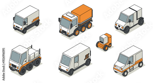 isometric delivery and utility van truck set with flat simple style for logistics and transportation