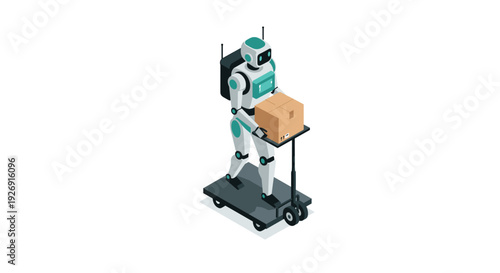 isometric delivery robot holding package on electric scooter hand drawn technology illustration