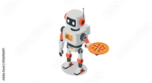 isometric robot holding pizza illustration with modern design and technology concept