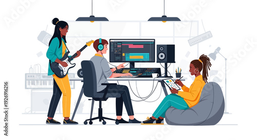 Creative music production team collaborating in a modern studio environment.