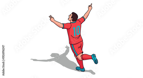 soccer player celebrating goal hand drawn illustration in red uniform with number 10