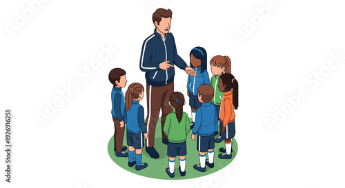 coach giving instructions to kids in sportswear hand drawn illustration