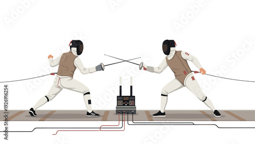 two fencers in protective gear competing in hand drawn flat style sports illustration