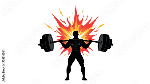 silhouette of muscular bodybuilder lifting heavy barbell with explosive fire background hand drawn fitness illustration