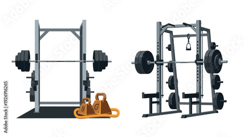 set of gym weightlifting equipment with barbell dumbbells and resistance bands flat vector illustration