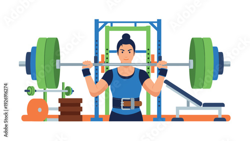 woman lifting heavy barbell with weightlifting belt in gym flat illustration