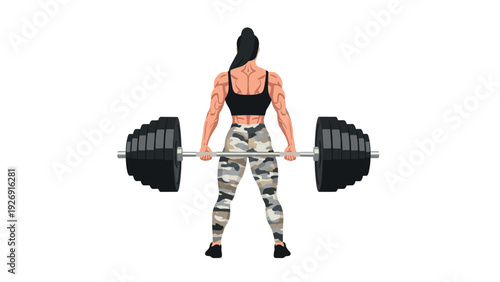 muscular woman lifting heavy barbell weight in gym hand drawn fitness illustration