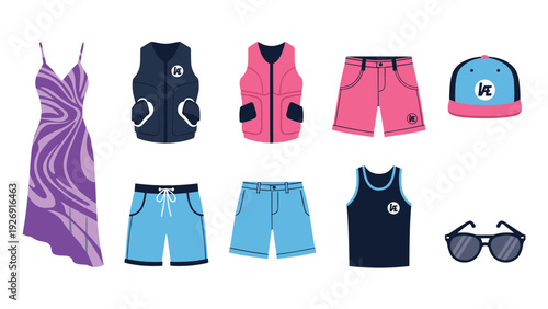 summer beachwear collection with swimwear dress vests shorts cap and sunglasses in flat style