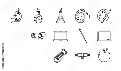 Flat education outline icon pack with learning tools, school supplies, and academic symbols