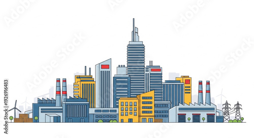 Urban cityscape illustration showcasing modern architecture and industrial elements with vibrant colors.