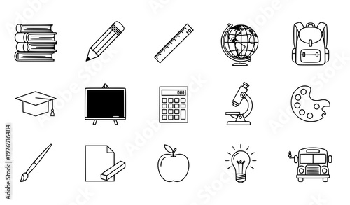 Comprehensive education outline icon set with school, learning, and academic tools for digital design