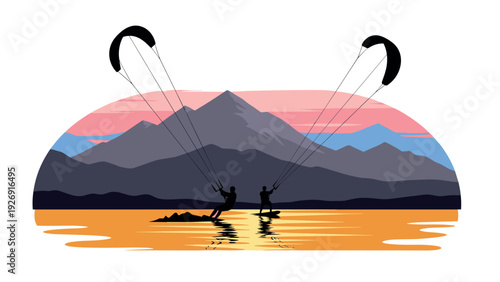 silhouette of two people kite surfing on water with mountain landscape at sunset minimalist vector illustration