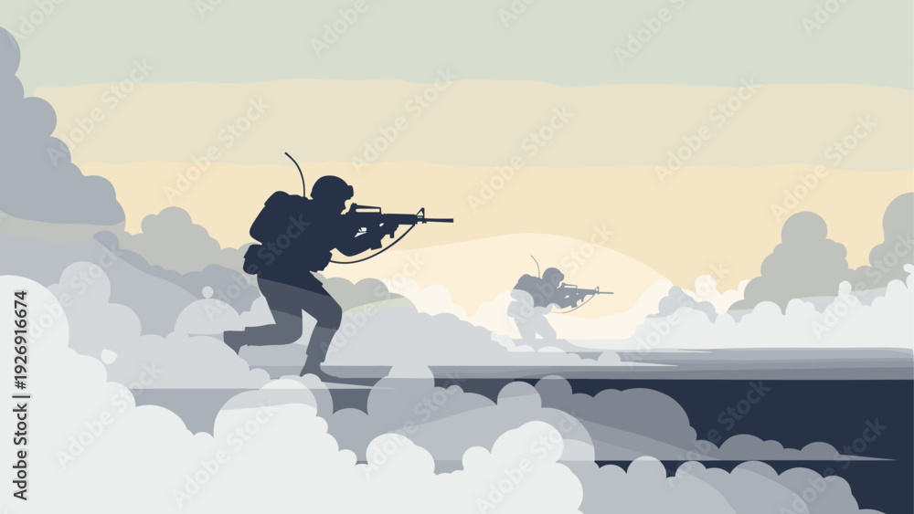Fototapeta premium silhouette of armed soldiers advancing in smoke battle scene vector illustration