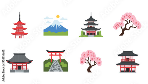 set of japanese traditional buildings cherry blossom torii gate and mount fuji flat icons