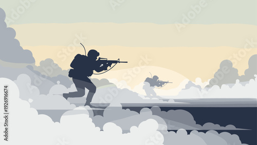 silhouette of armed soldiers advancing in smoke battle scene vector illustration
