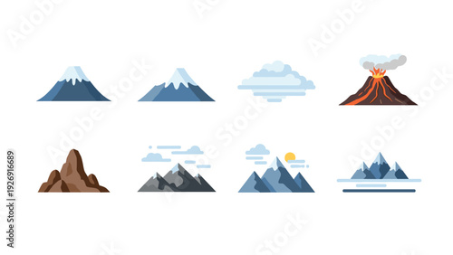 mountain landscapes and volcano flat icons collection with clouds and sun hand drawn style