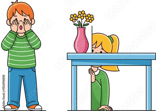 Children Playing Hide and Seek Vector Illustration with Boy Covering Eyes and Girl Hiding Under Table