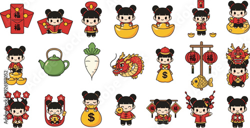 Cute Chinese New Year Girl Character Set with Traditional Symbols