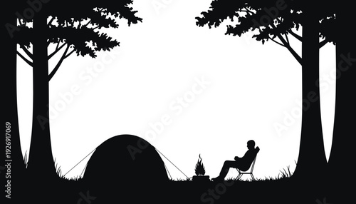 A camping silhouette illustration of a man sitting by a campfire