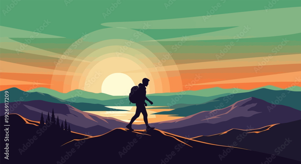 Fototapeta premium Man hiking on mountain top at sunset with backpack.