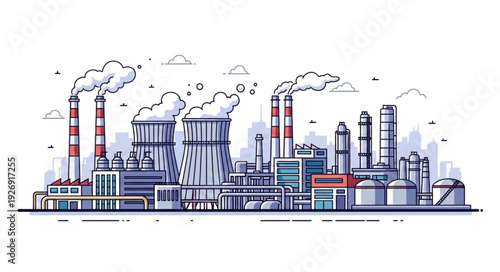 Detailed illustration of an industrial factory with smoke stacks and buildings.