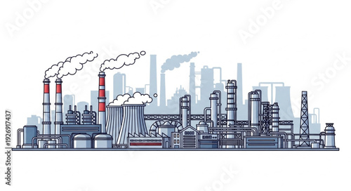 Industrial complex illustration depicting factories and chimneys emitting smoke into the atmosphere.