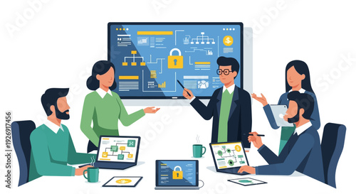Business team meeting discussing cybersecurity strategy on screen.