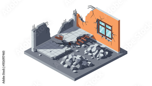 isometric broken building interior with cracked walls rubble and debris hand drawn illustration for construction damage concept