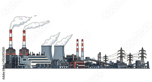 Industrial power plant with chimneys emitting smoke into the atmosphere, generating energy.