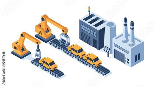 isometric car manufacturing factory with robotic arms and assembly line in flat style