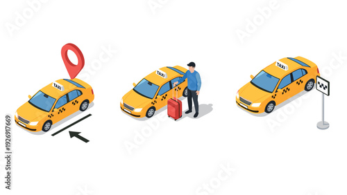 set of isometric yellow taxi car illustrations with location pin passenger and taxi stand in flat style