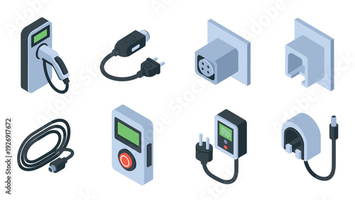 isometric electric vehicle charging station cable and plug set modern technology icons