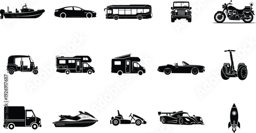 A collection of various vehicles and transportation icons in black silhouette on a white background
