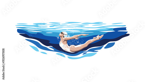 synchronized swimmer in sparkling swimsuit performing underwater in a stylized flat illustration