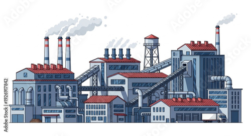 Complex industrial factory with multiple buildings and smokestacks emitting pollution into the air.