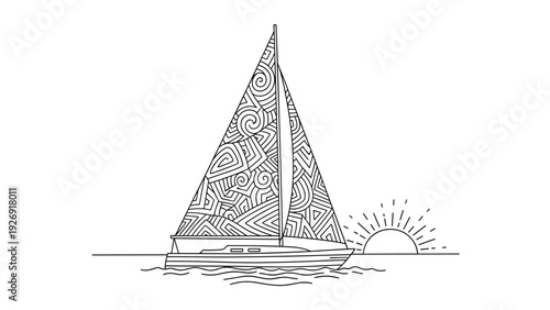 sailboat with intricate hand drawn patterned sails sailing at sunset line art illustration