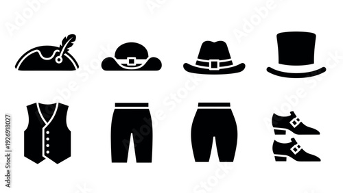 set of vintage clothing and accessory silhouettes including hats vest pants and shoes in black