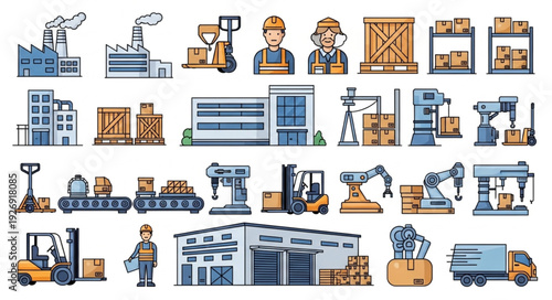 Industrial warehouse and factory equipment, logistics and manufacturing processes.