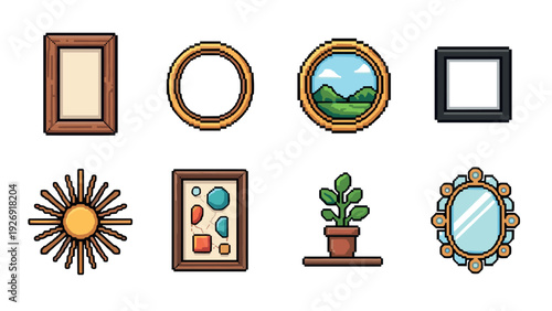 pixel art collection of vintage wooden picture frames plant and decorative mirrors in pixel art style