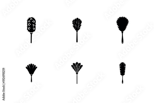 Feather Duster and Cleaning Brush Silhouette Vector Icon Set