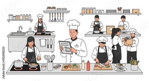 Culinary Team Working Together in a Busy Professional Kitchen Environment.